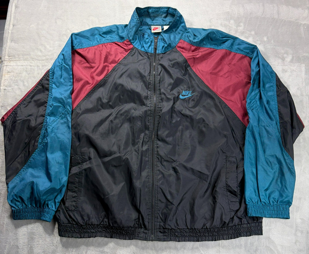 Vintage 90s Nike Grey Tag Colorblock Windbreaker Zip Jacket Black/Teal Adult XXL